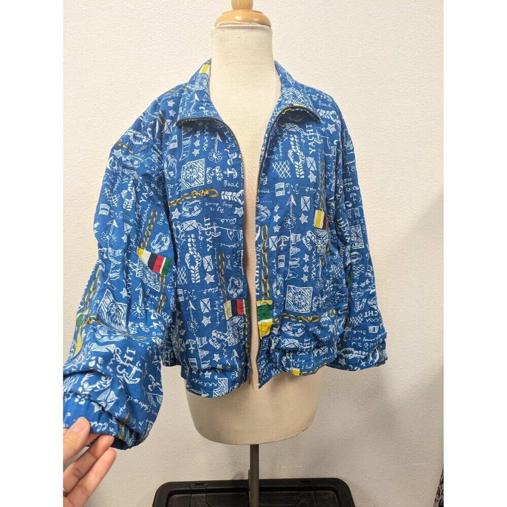 Vintage Lizsport 90s Y2k Blue Nautical Coastal Print Bomber Jacket sz M Retro - Picture 2 of 13